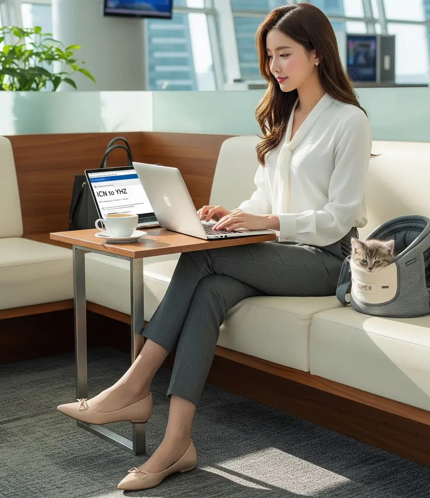 인천에서 핼리팩스로 가는 항공편을 노트북으로 검색하며 커피를 마시고 있는 한국인