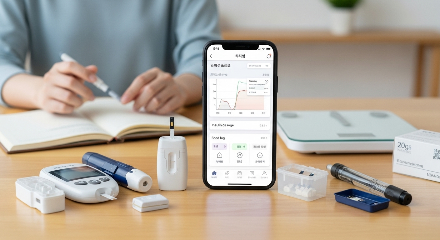스마트폰 당뇨 관리 앱 화면과 혈당 측정기, 체중계 등 다양한 관리 도구들이 배치된 모습