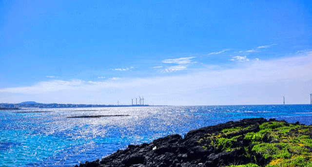 파란 바다가 햇살을 받아 반짝거리고, 왼쪽엔 돌언덕이 있다.