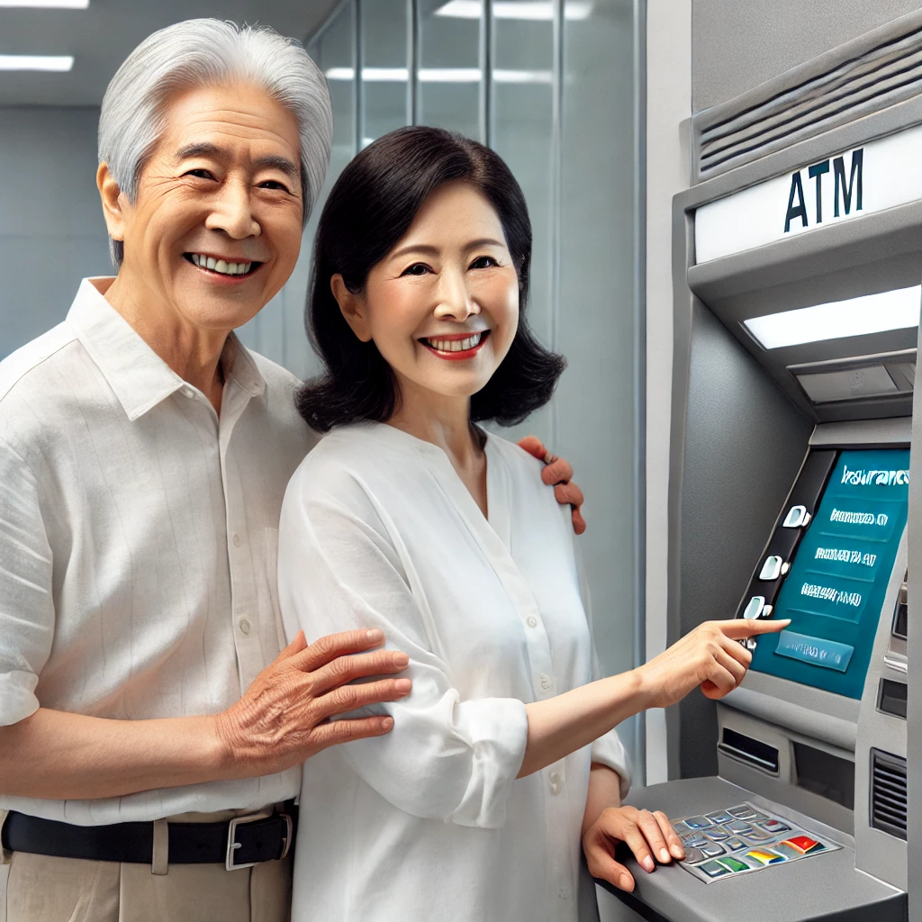ATM에서 보험입금 확인하는 부부