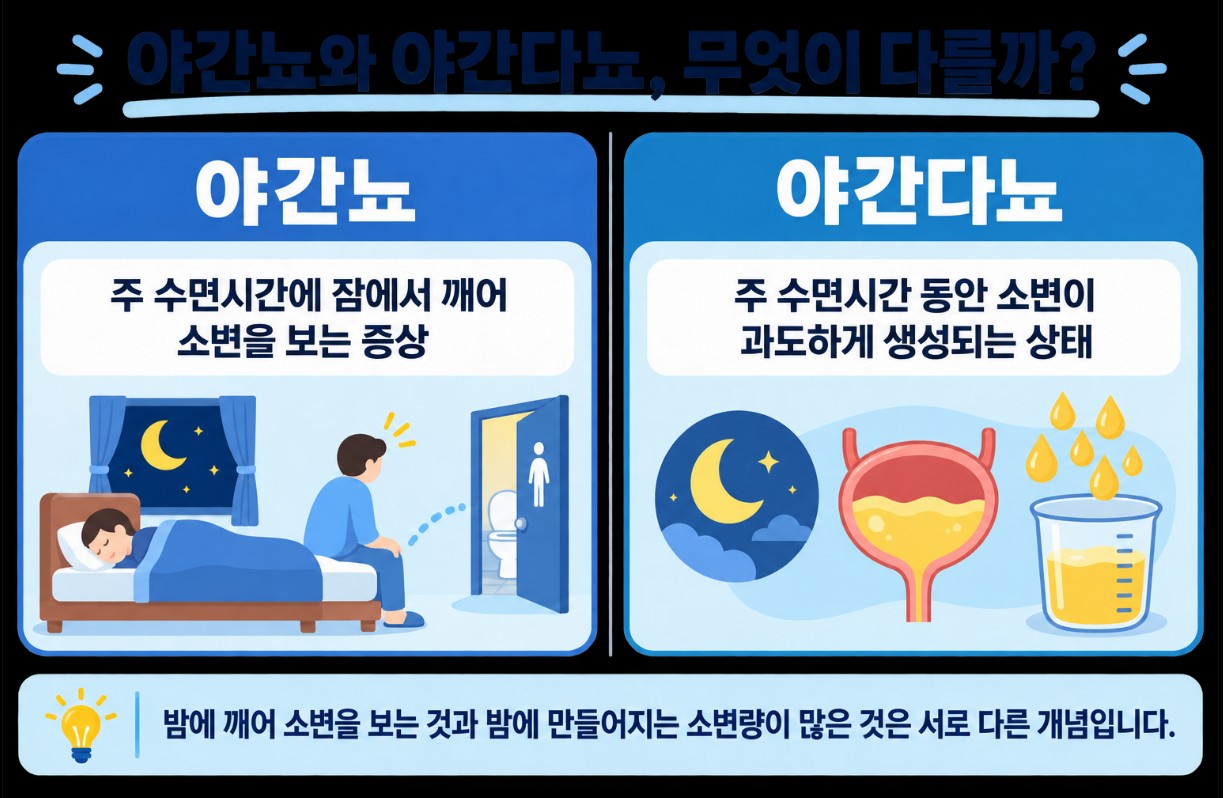 잠에서 깨어 소변을 보는 야간뇨와 밤에 소변 생성량이 많아지는 야간다뇨의 차이