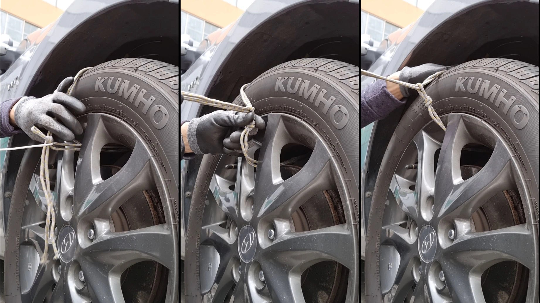 로프 스노우체인 장착하는 모습