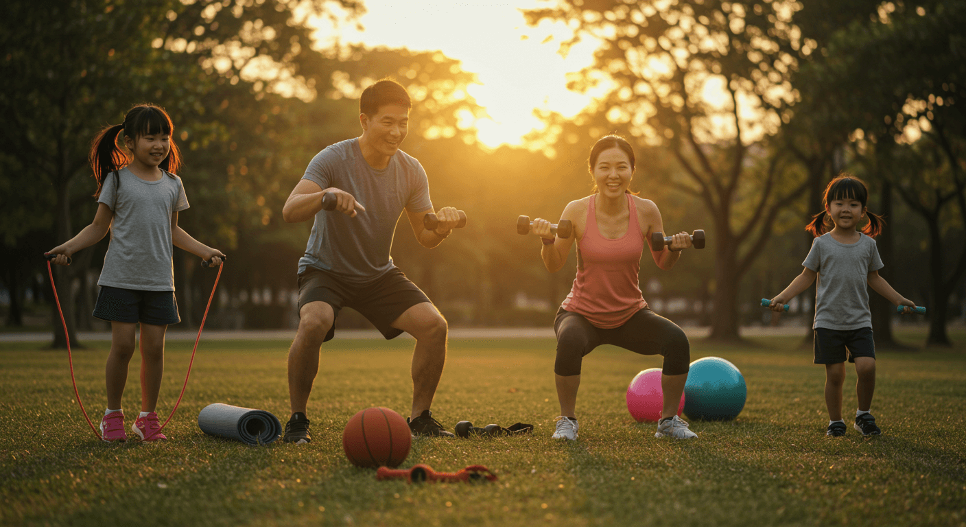 가족이 스포츠 활동을 함께 즐기며 건강한 생활을 다짐하는 장면 1