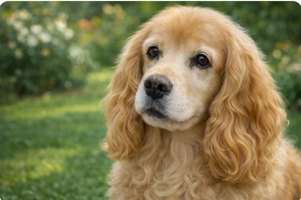 선하고 영롱한 갈색 눈망울을 가진 복슬복슬한 금색 털의 중형견 복실이가 초록색 정원을 배경으로 응시하고 있는 따뜻한 분위기의 클로즈업 사진