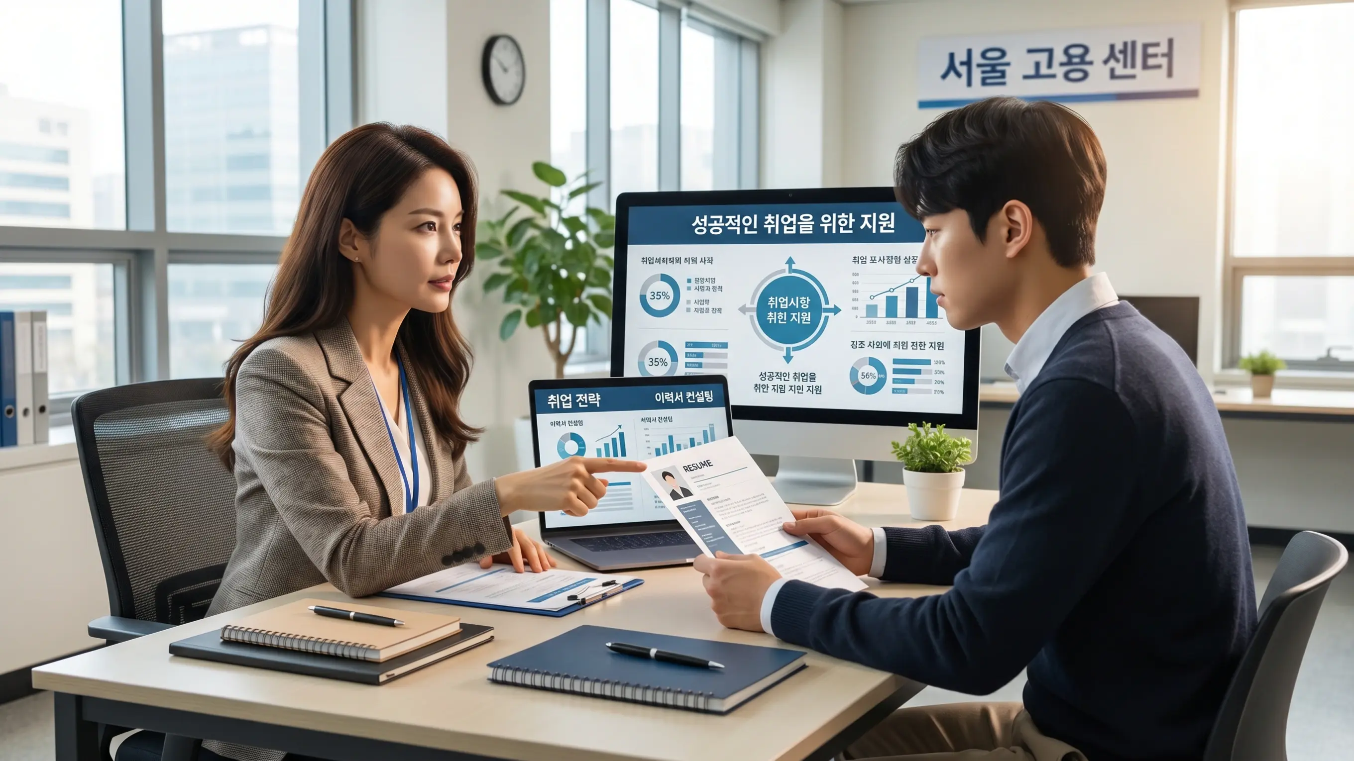 고용센터 취업지원 서비스를 상담받고 있는 장면
