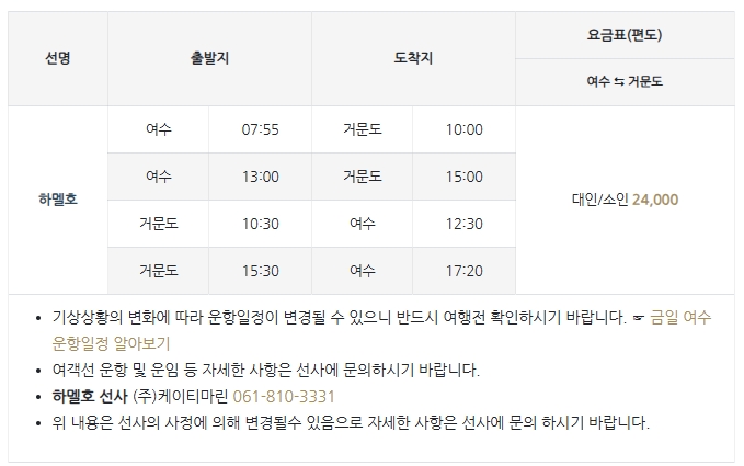 오전과 오후로 나뉜 하멜호 여수 노선 운항 정보