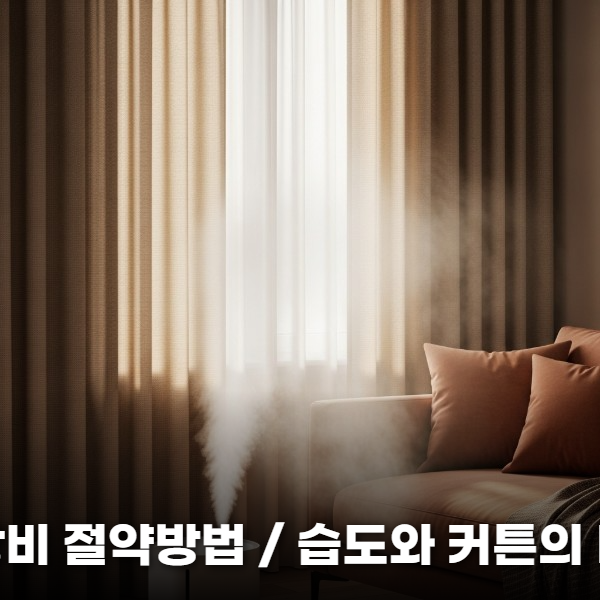 따뜻한 햇살이 비치는 거실에 두꺼운 방한 커튼이 쳐져 있고, 가습기에서 촉촉한 수증기가 나와 실내 습도를 조절하며 난방 효율을 높이는 아늑한 모습