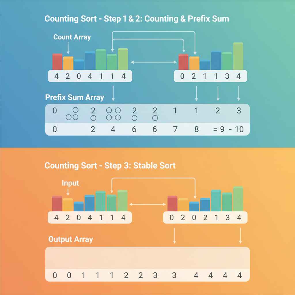 데이터의 빈도수를 계산하여 배열 내 위치를 결정하는 카운팅 정렬(Counting Sort)의 작동 단계와 누적 합을 통한 안정 정렬 구현 과정을 설명하는 인포그래픽 이미지입니다.