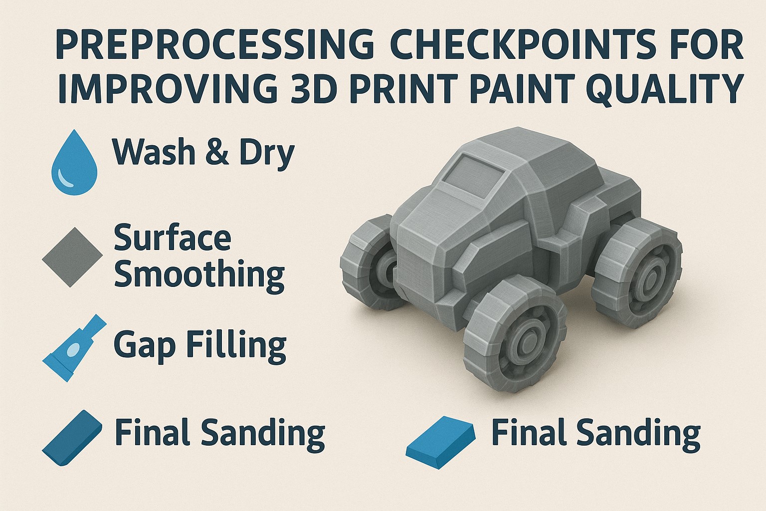 3D 프린터 출력물 도색 퀄리티를 높이는 전처리 체크포인트를 한눈에 정리한 인포그래픽 예시