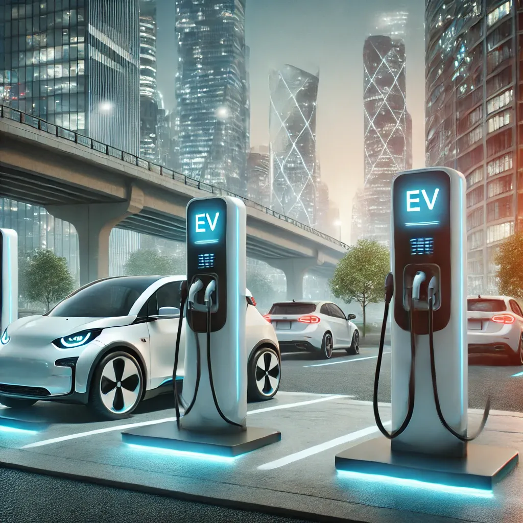 도심 속 전기차 충전소와 충전 중인 전기차들