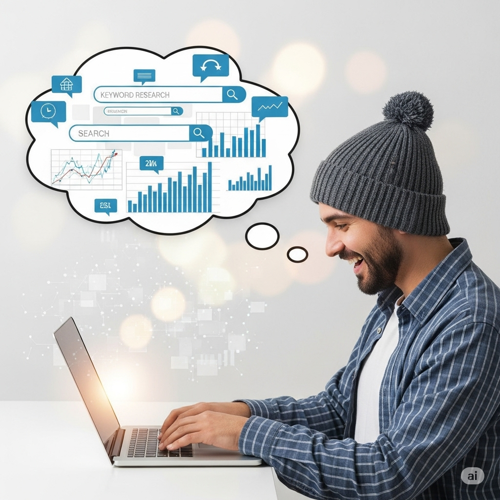 블로그 키워드 연구와 콘텐츠 제작을 상징하는 노트북으로 열심히 타이핑하는 사람의 모습