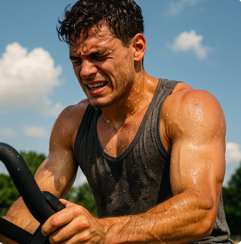 여름에 땀흘리면서 운동하는 사람