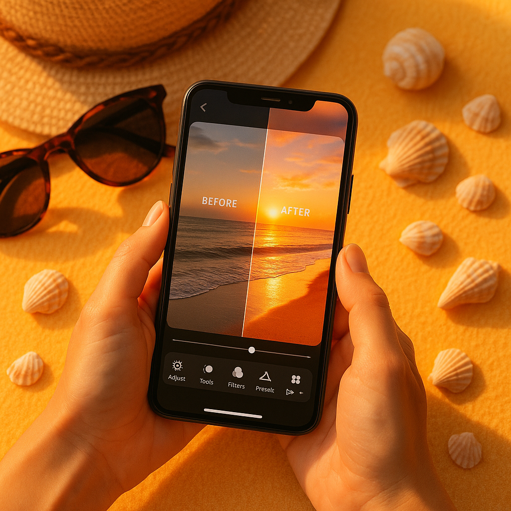 "여름 휴가 사진 보정 전후 비교 스마트폰 화면"