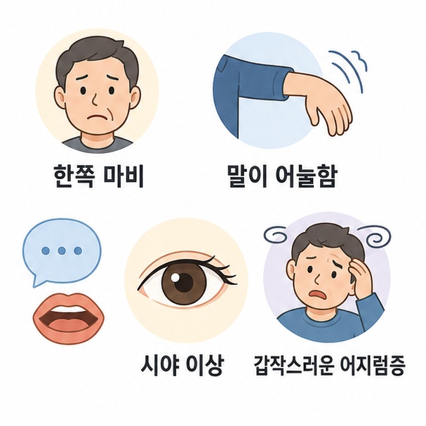 한쪽 마비와 언어장애, 시각장애, 갑작스러운 어지럼증 등 대표적인 뇌졸중 조기증상을 보여주는 그림