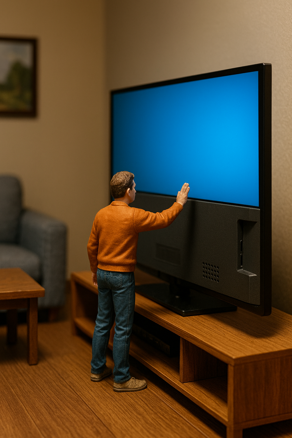 작은 미니어처 남성이 거실에서 TV 뒷면을 손바닥으로 치는 디오라마 장면 &ndash; 따뜻한 조명과 목재 가구 속 정적인 순간 포착