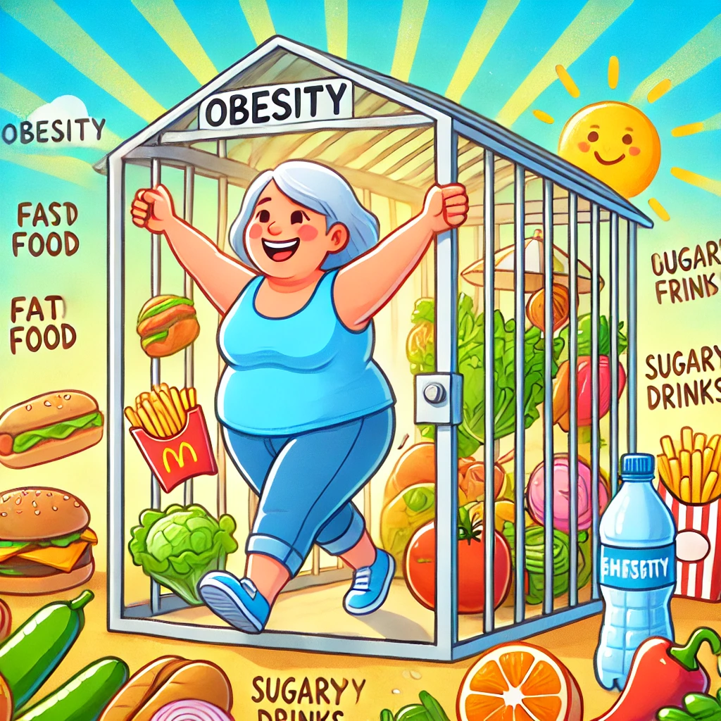 비만 감옥에서 나오는 중년 여성