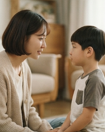 첫째 아이와 눈맞추며 대화하는 엄마