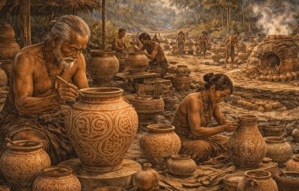 선사 시대 타이 지역에서 도기 항아리를 제작하는 모습