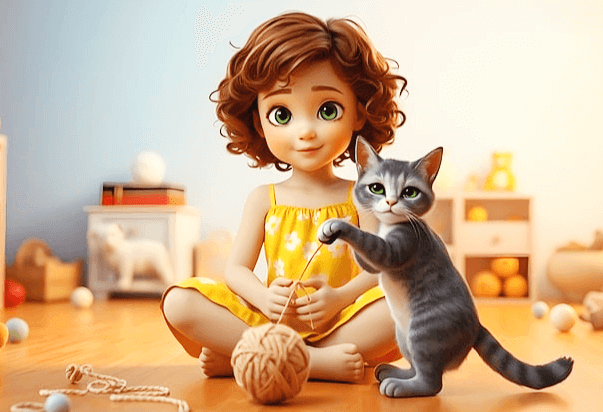 노란 근나시 원피스을 입고 방바닥에 앉은 여자아이가 있고 앞에는 회색 고양이가 털실을 잡고 서 있다.