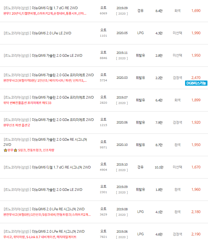 2019~2020년식 더 뉴 QM6 중고차 시세