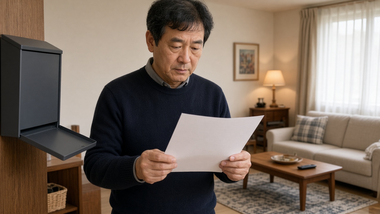 우편함에서 꺼낸 고지서를 거실에서 확인하는 50대 한국인 자영업자