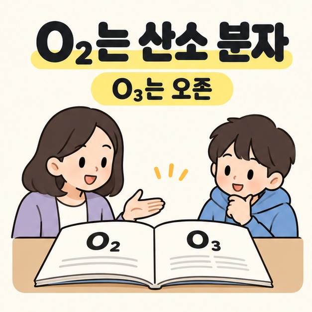 O₂는 산소 분자와 O₃는 오존 문구 아래 교사와 학생이 두 표기가 실린 교재를 함께 보는 모습