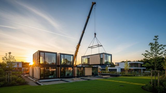 2026년 최신 기술이 적용된 프리미엄 모듈러 주택이 크레인으로 정밀 조립되는 건축 현장 전경