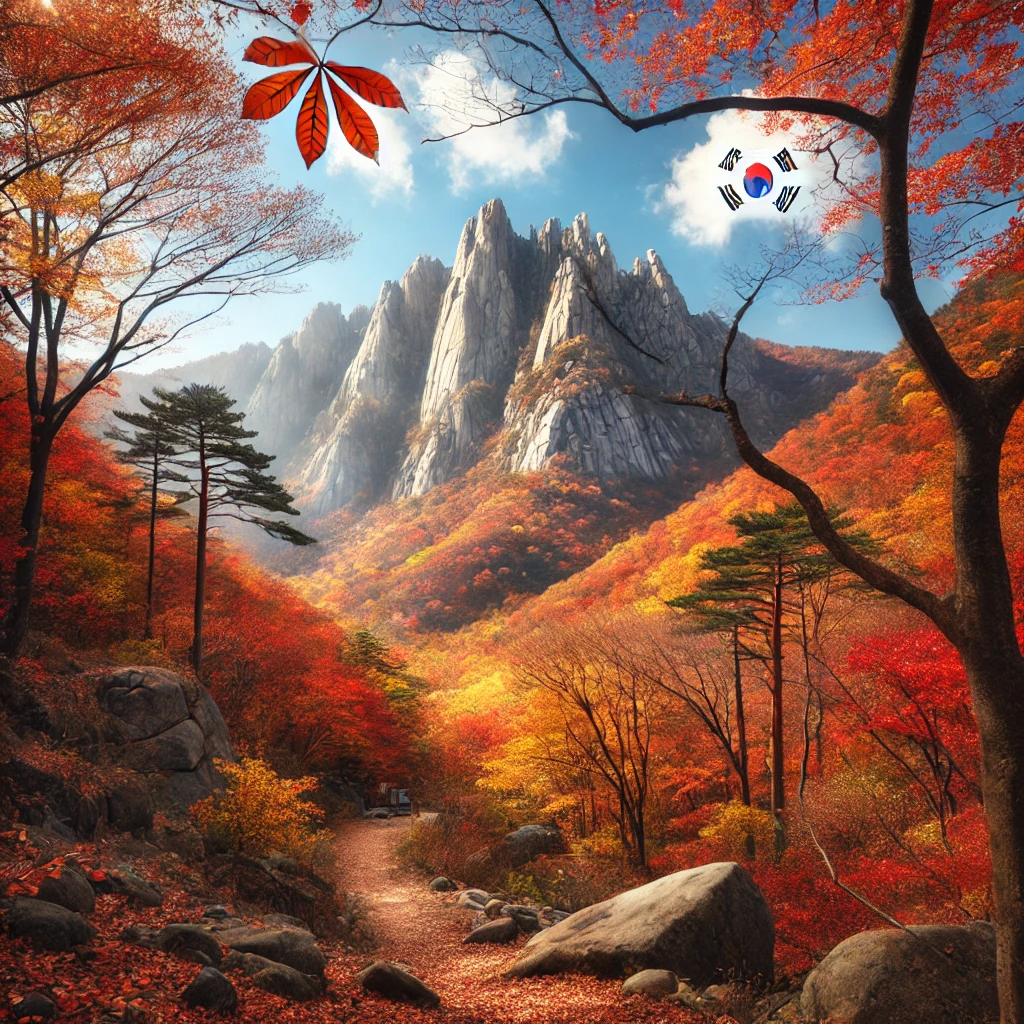 도봉산 가을 풍경: 산의 절벽과 푸른 하늘 아래 붉은&amp;#44; 주황색&amp;#44; 노란색 단풍이 물든 숲의 풍경