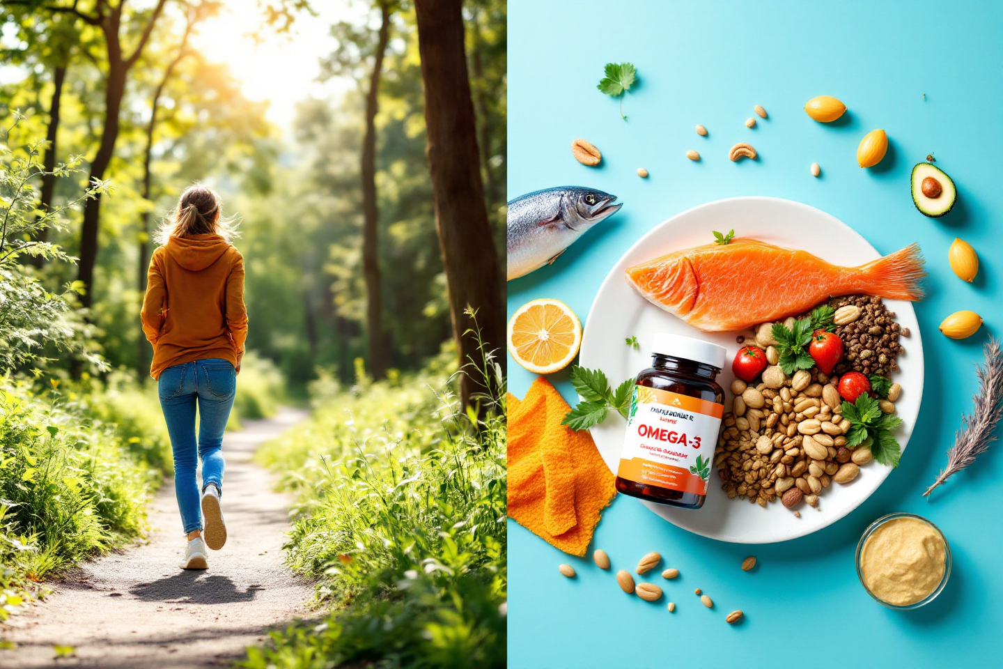 산책하며 기분 전환하는 사람의 모습과 건강식단 표현