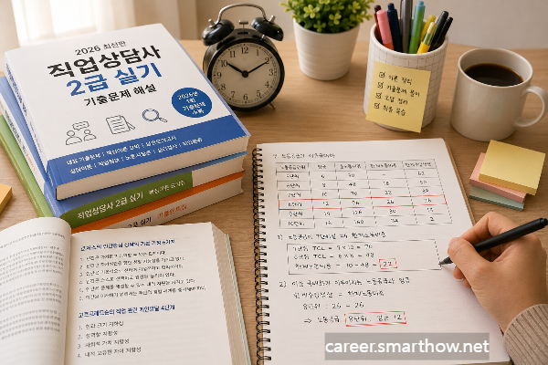 책상 위에 직업상담사 2급 실기 교재와 노트가 놓여 있는 차분한 공부 장면