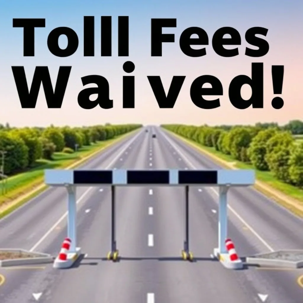 '고속도로 통행료 면제!'와 같은 문구가 크게 쓰여 있고, 그 배경으로 시원하게 뻗은 고속도로나 톨게이트 이미지를 활용합니다. 간결하면서도 핵심 정보가 잘 전달되도록 디자인합니다