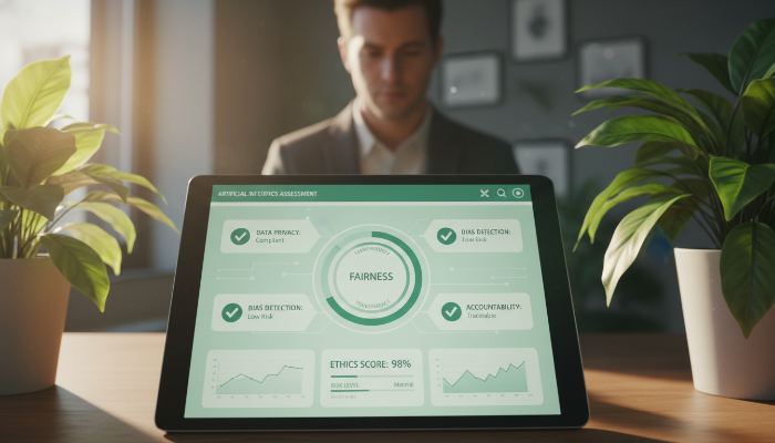 AI 윤리 가이드라인을 분석하고 리스크를 점검하는 전문가의 업무 환경