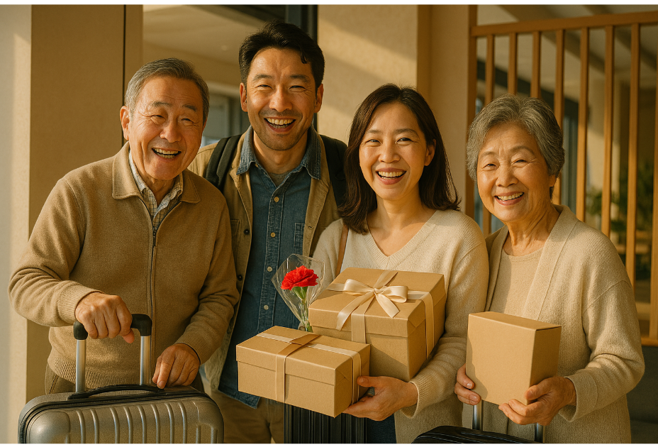 5월 가정의 달을 맞이해서 선물을 받고 환하게 웃는 가족