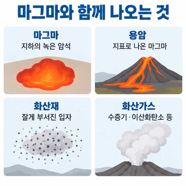 마그마 용암 화산재 화산가스를 구분해 각각의 의미를 정리한 인포그래픽