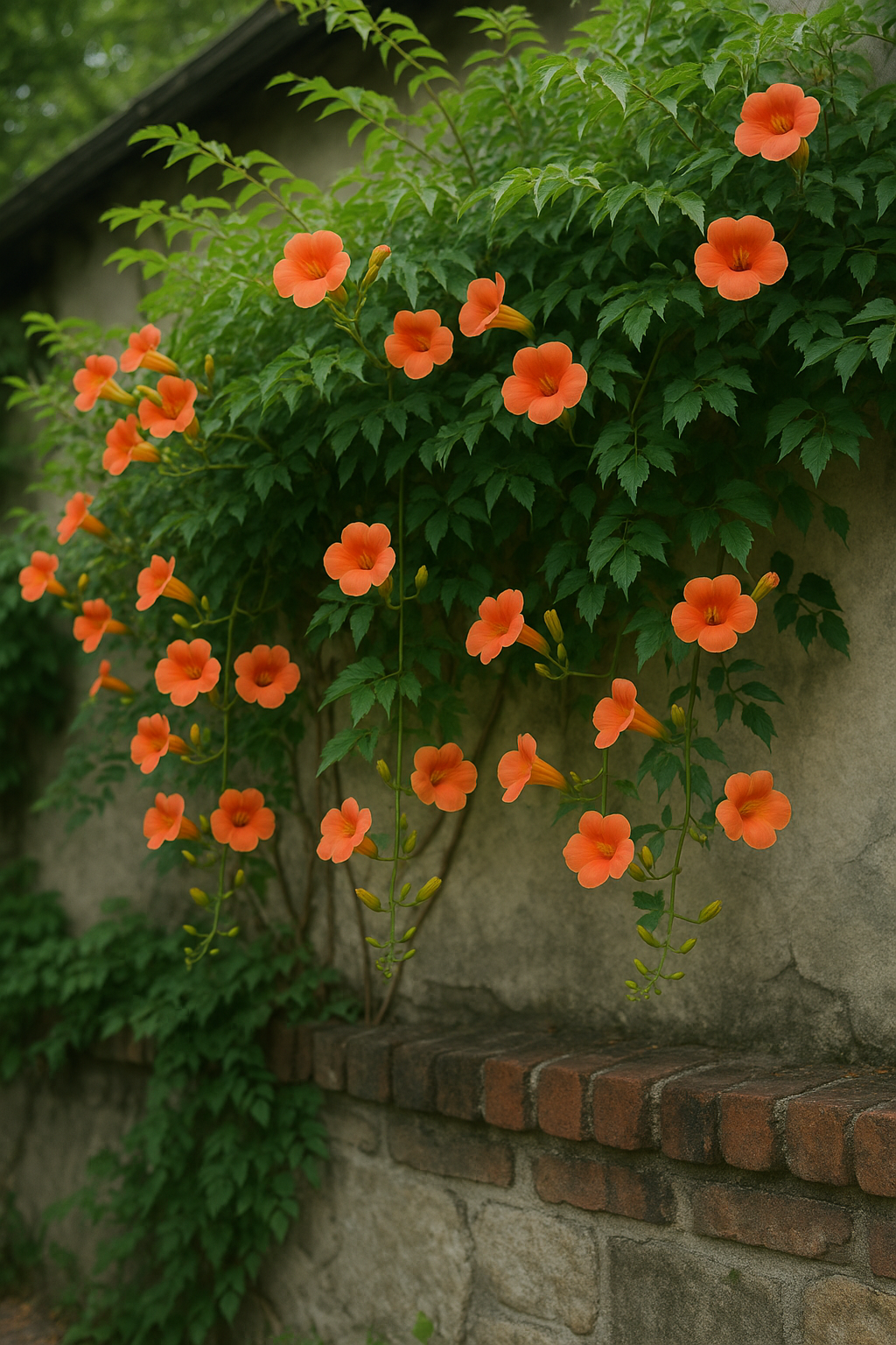 담장을 타고 피어난 능소화 덩굴꽃