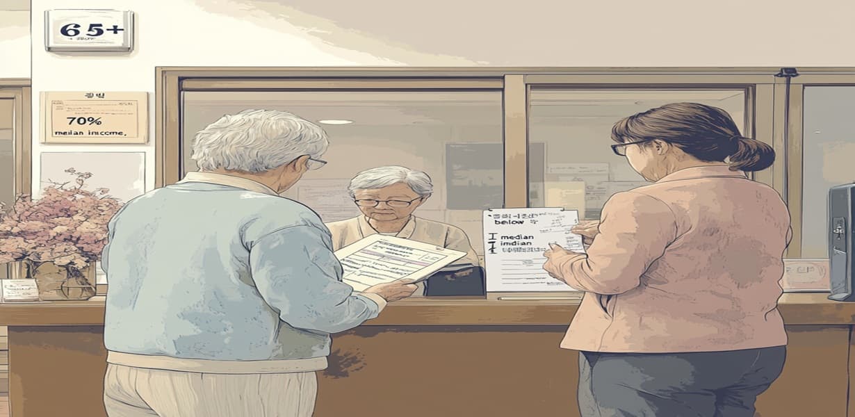 노인맞춤돌봄서비스를 신청하기 위해 주민센터 창구에서 서류를 제출하는 어르신과 가족. 배경에 ‘65세 이상’, ‘중위소득 70% 이하’ 기준 안내가 보임.