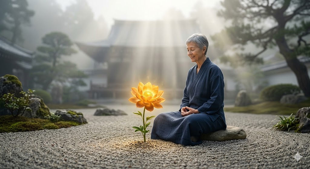 A serene and deeply spiritual conceptual image representing 'Living in the Present'. A person is sitting in a peaceful Zen garden, but the background behind them is blurry and fading (symbolizing the past and future). Directly in front of the person, a single, incredibly detailed and vibrant flower is blooming with golden light glowing from its petals. The person is looking at the flower with a slight, peaceful smile. Ethereal light beams (Tyndall effect) are shining down from the sky, and every grain of sand in the garden is crystal clear under the person's feet. The atmosphere is quiet, focused, and magical. 8k resolution, cinematic lighting, photorealistic Zen style.
