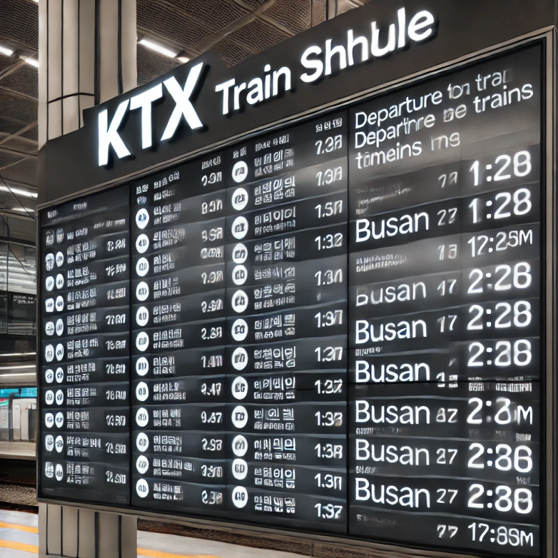 서울역 KTX 시간표 게시판에 표시된 부산행 열차 시간
