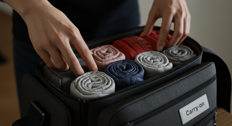 옷을 입을 순서대로 파우치에 정리하는 손