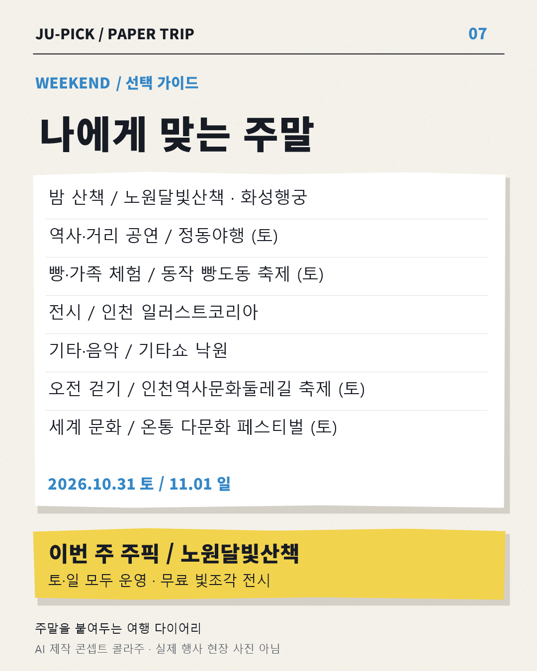 수도권 8곳 목적별 추천 요약 · AI 콘셉트 이미지, 실제 현장 사진 아님