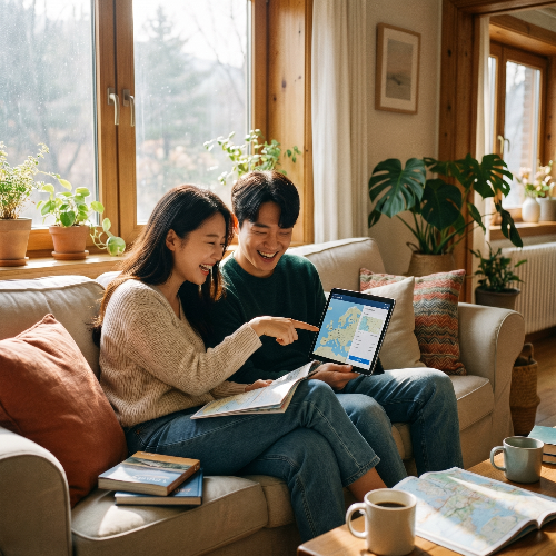 아늑한 거실에서 태블릿 PC를 함께 보며 숙박세일페스타 할인 혜택을 확인하고 여행 계획을 세우는 행복한 표정의 한국인 젊은 커플. 창가로 들어오는 따스한 햇살이 부드러운 분위기를 연출하며 여행에 대한 설렘을 시각적으로 표현한 8k 고해상도 사진.
