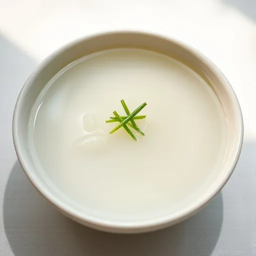 맑은 국물의 북어국이 정갈한 한식 그릇에 담겨 있으며, 최소한의 고명(파)으로 담백함을 강조합니다. 전반적으로 깨끗하고 속 편한 느낌을 줍니다.