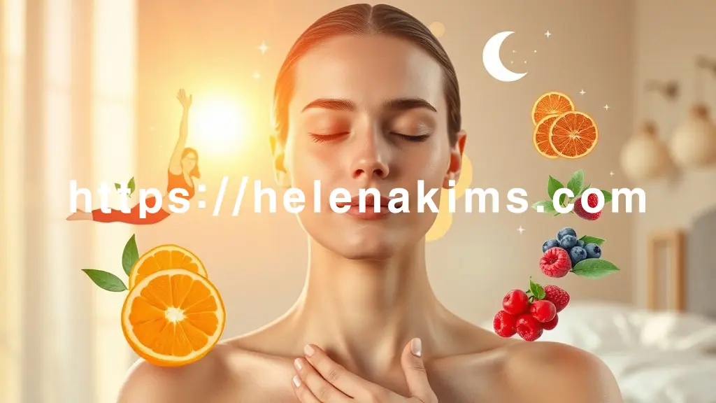 빛나는 건강한 피부를 중심으로, 주변에 요가 자세, 신선한 과일, 따뜻한 햇살, 그리고 온화한 수면을 상징하는 아이콘들 이미지.