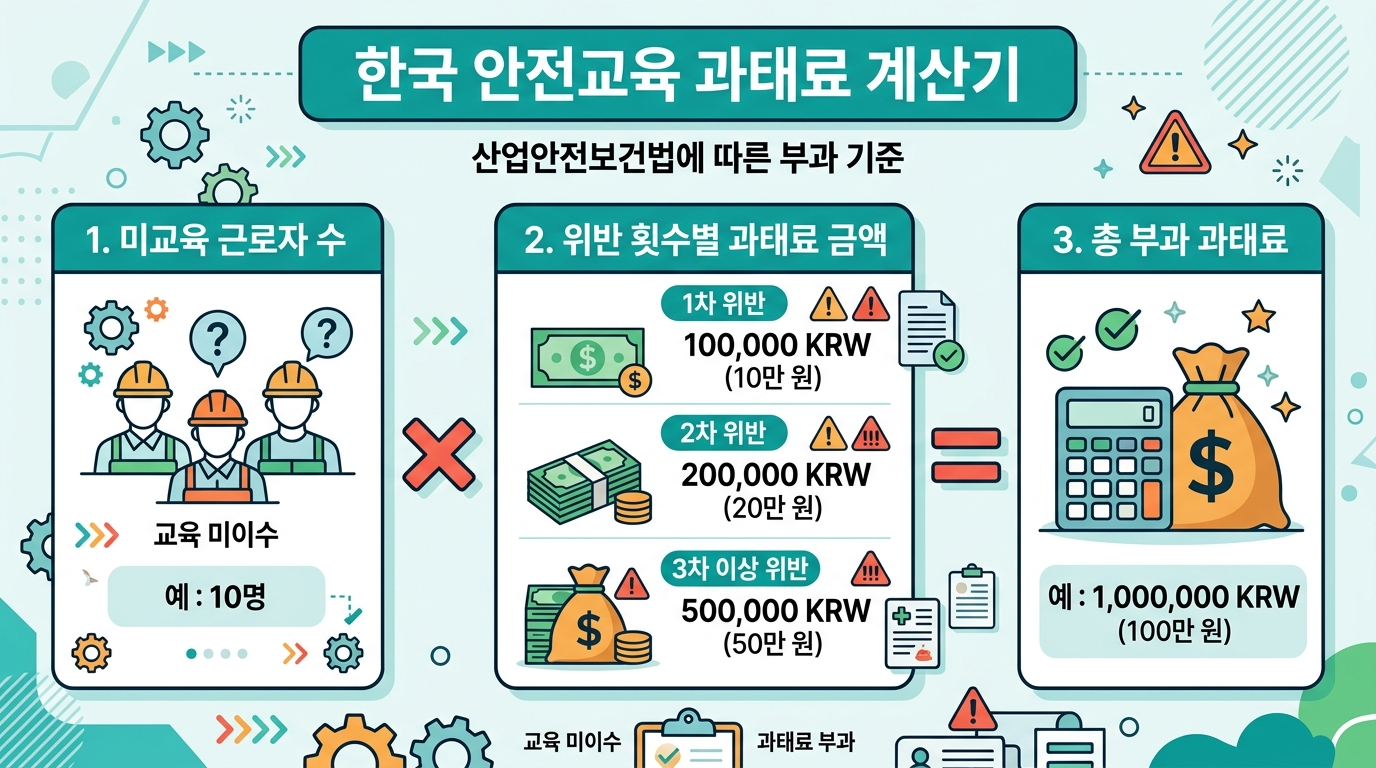 안전보건교육 미실시 과태료 계산 구조 &mdash; 미교육 인원수&times;위반차수 과태료 계산표