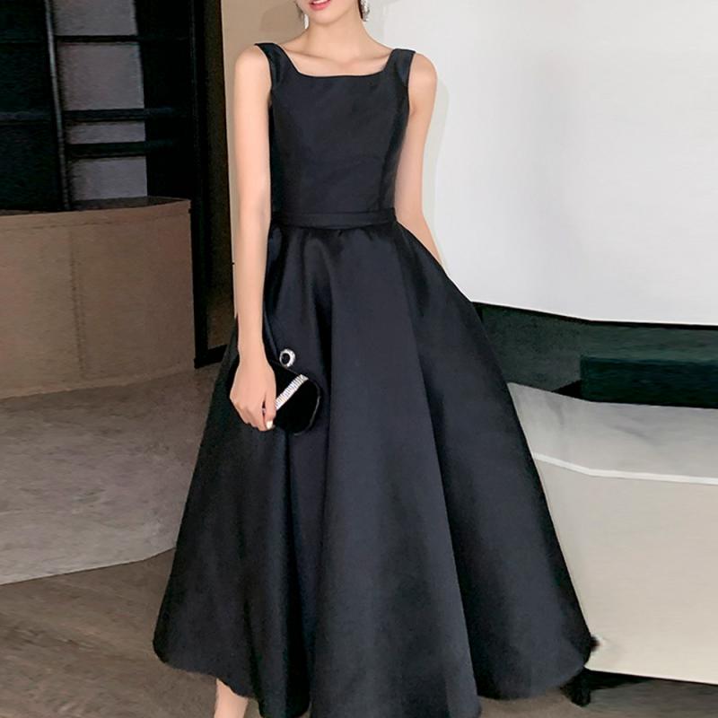 대여 블랙 미카도 실크 스퀘어 에이라인 드레스 웨딩 촬영 피로연 행사 연주 원피스