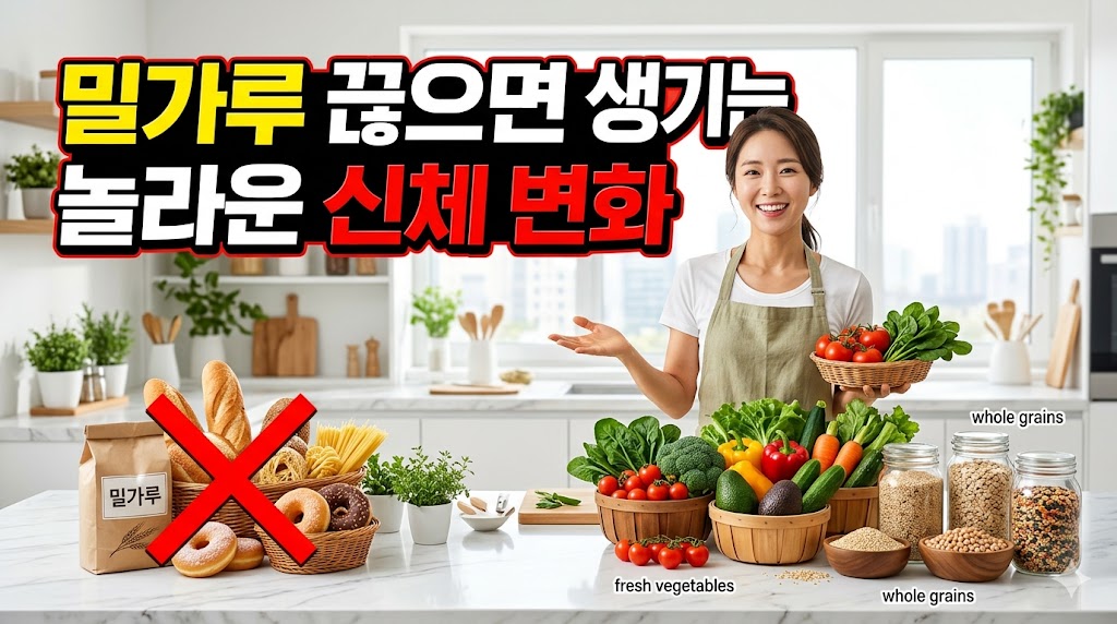 밀가루 끊기 효과와 신체 변화를 설명하는 2026년형 건강 정보 블로그 섬네일.