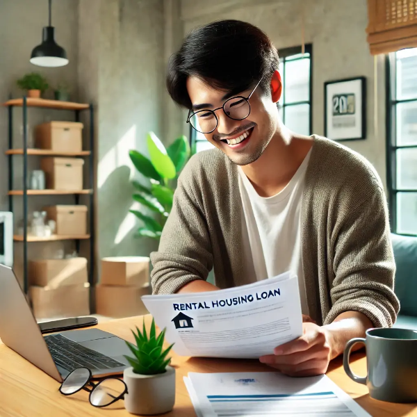 아늑한 홈오피스에서 전세자금대출 서류를 검토하는 젊은 아시아 남성