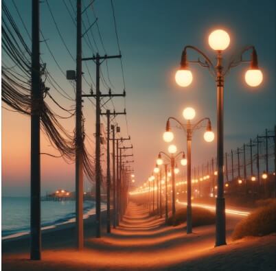 해변가에 설치된 가로등 전선