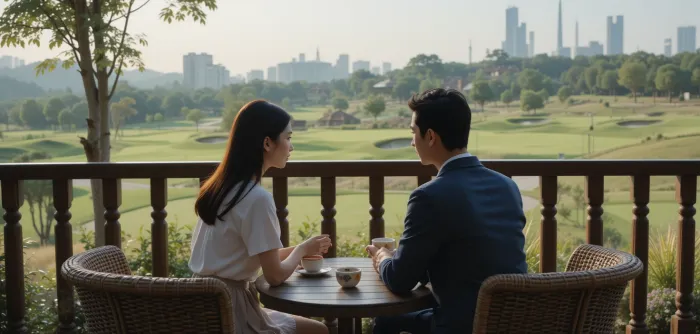 하이원 CC 전경을 바라보며 테라스에서 커피를 즐기는 모습