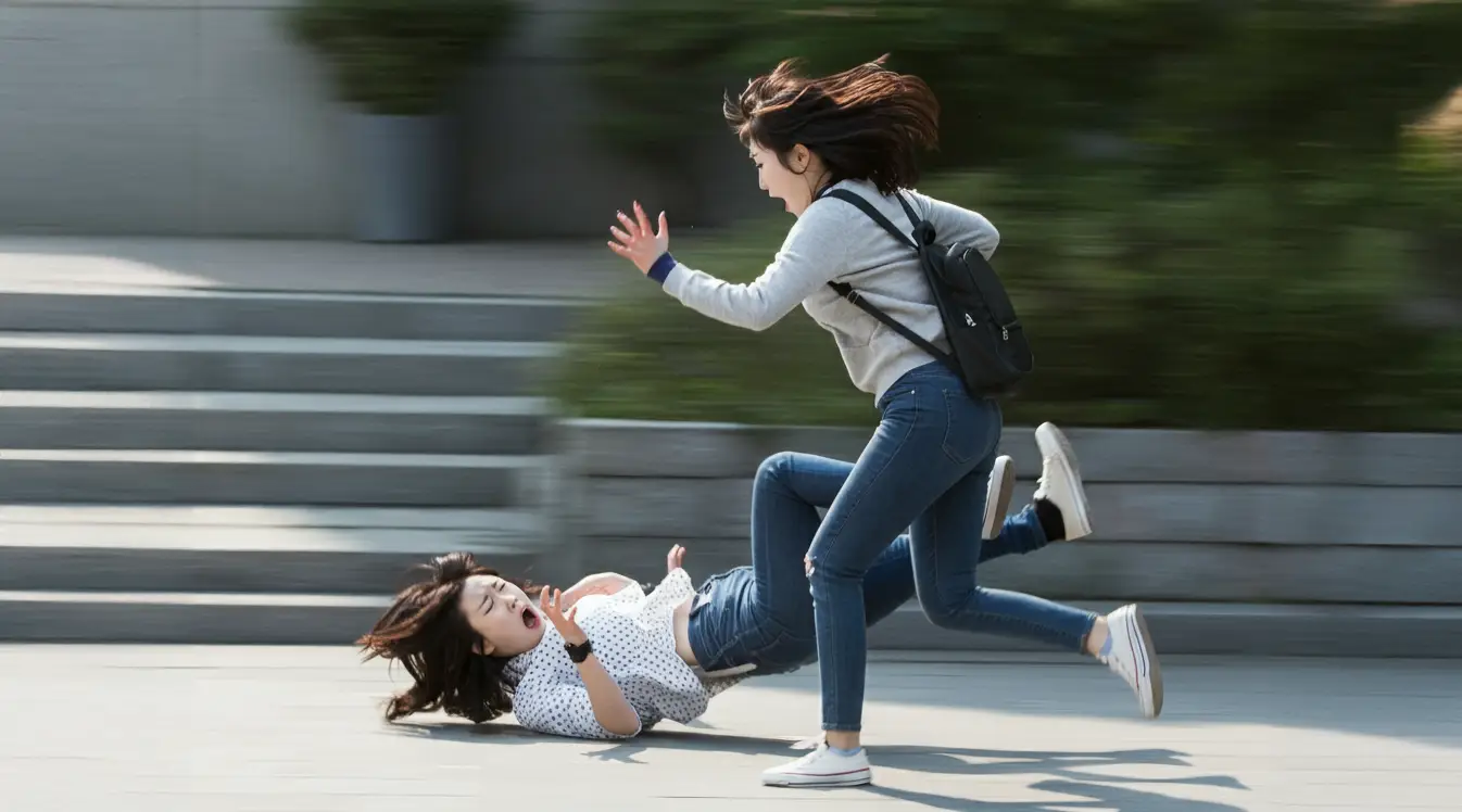 부딪혀 넘어지는 여성